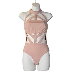 Naked Wardrobe Women Small Caged Halter Bodysuit Cutout Pink Clubwear Festival